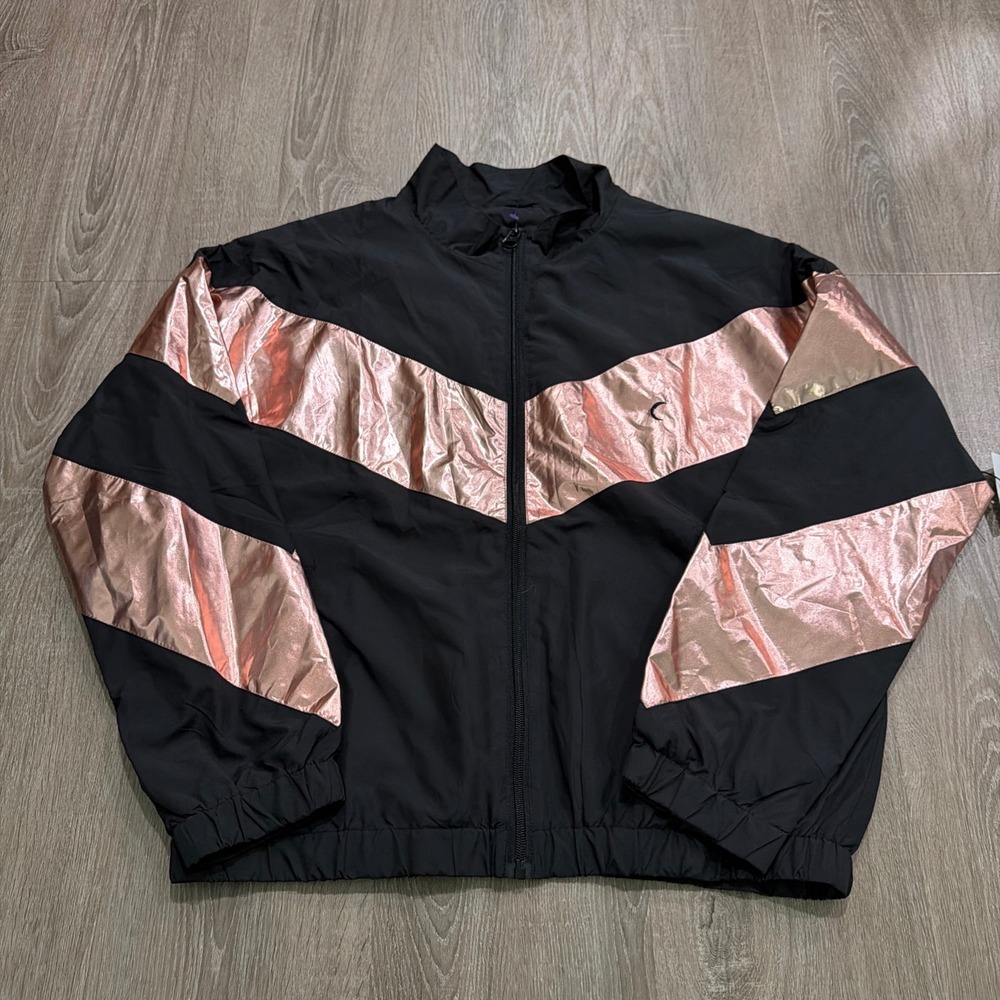 ZYIA Active Women Black Rose Gold Metallic Chevron Windbreaker Jacket Medium NWT